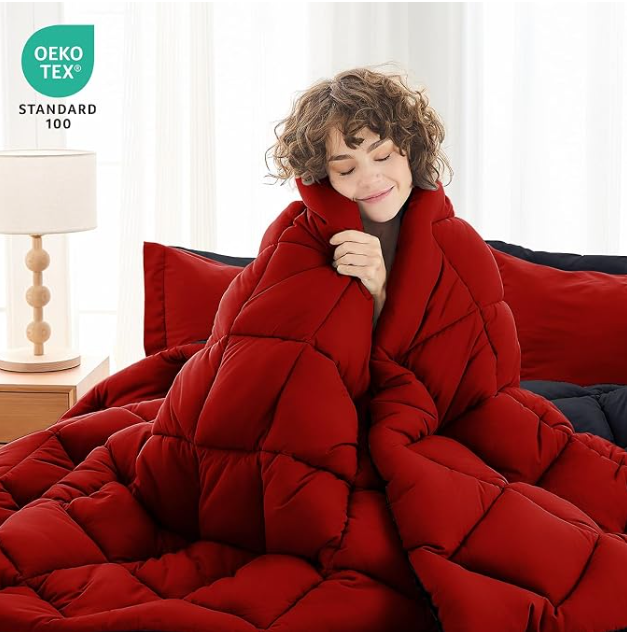 Conjunto de Edredão Queen 7 Peças — Reversível Vermelho & Preto